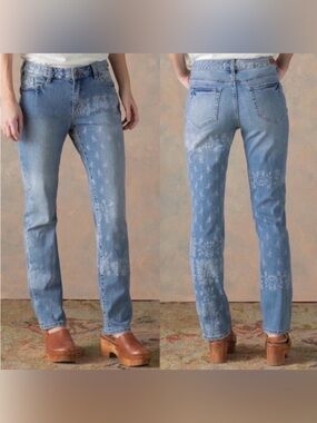 Sundance Bella Etched Floral Straight Leg Jeans Size 30 boho denim blue artsy